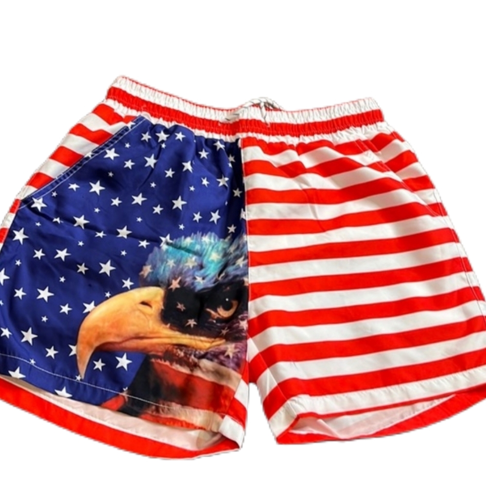 SSLR men’s collection, eagle flag swim trunks, 34, 38, new with tags